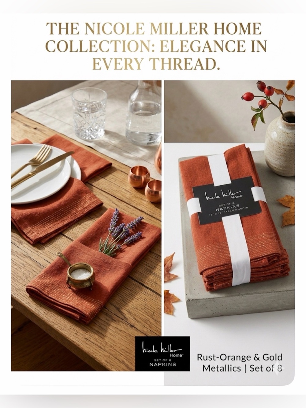 Nicole Miller Rust-Orange Metallic-Thread Dinner Napkins - Set of 8